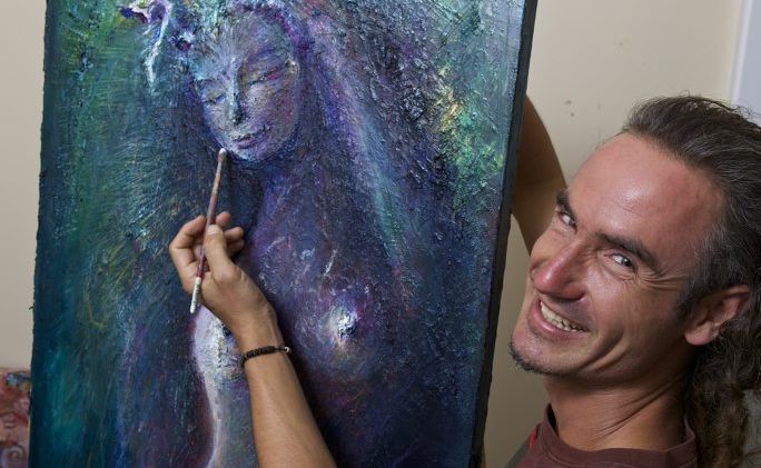 LEAP OF FAITH: Jhana Bowen with one of his stunning artworks. LEAP OF FAITH: Jhana Bowen with one of his stunning artworks.